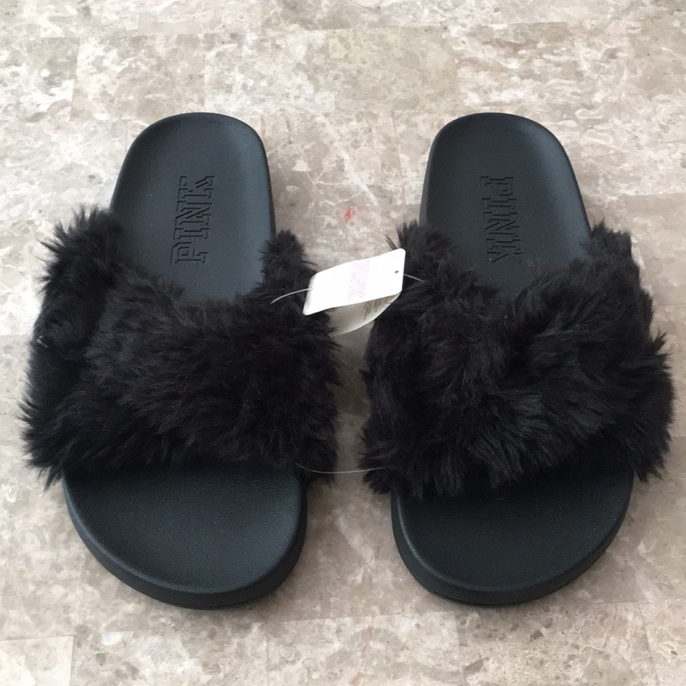 PINK black faux fur slides